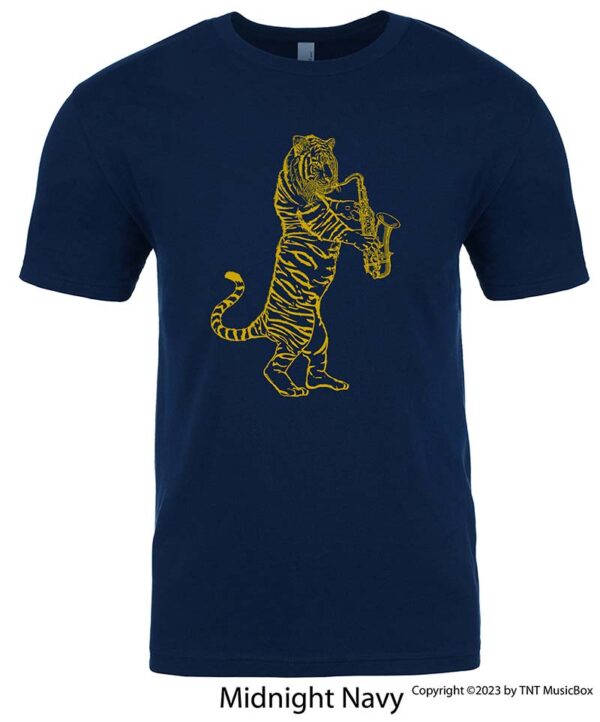 Tiger Playing a Saxophone on a Navy T-Shirt.