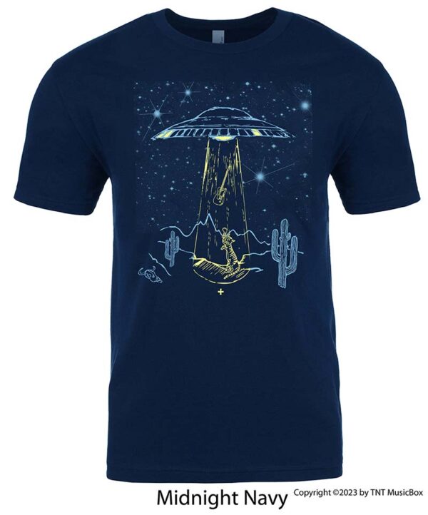 Space cat and space ship on a Navy T-Shirt.