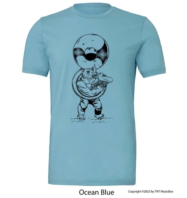 Rhino Playing Sousaphone on an Ocean Blue T-shirt.