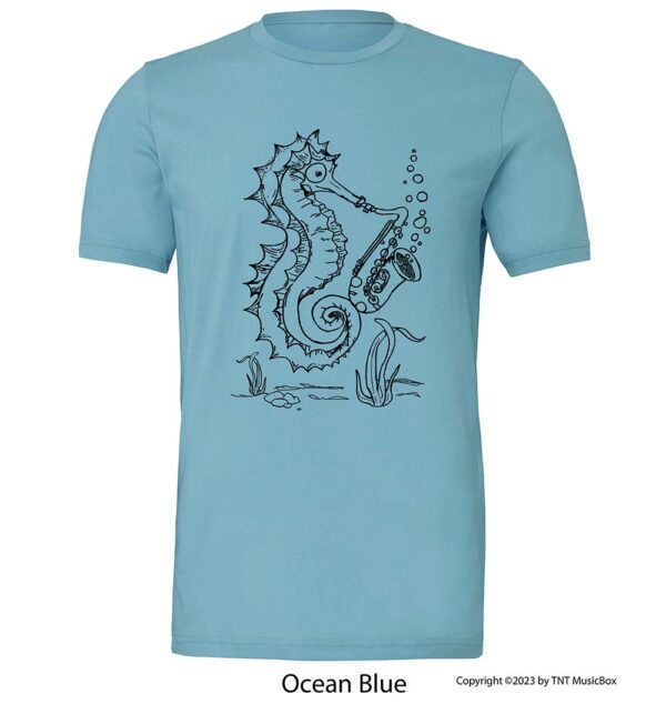 Seahorse playing saxophone on an Ocean Blue t-shirt