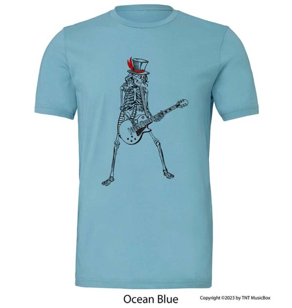 Skeleton Playing Guitar on an Ocean Blue T-shirt