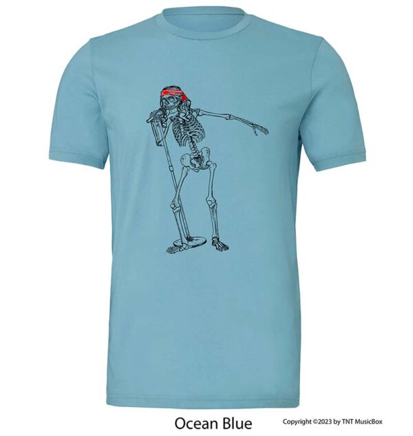 Skeleton singing on an Ocean Blue T-Shirt.