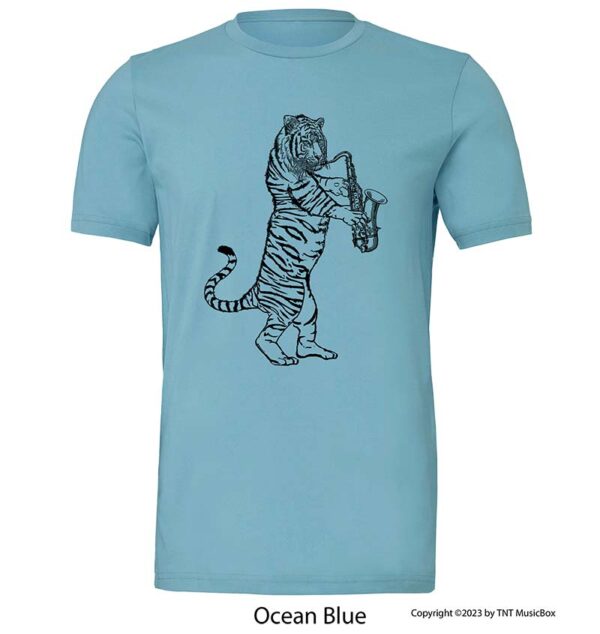 Tiger Playing a Saxophone on an Ocean Blue T-Shirt.