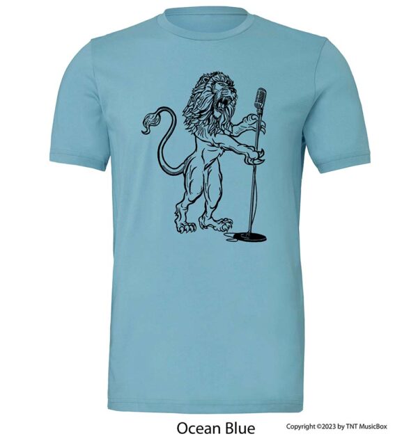 Lion Singing on an Ocean Blue T-shirt.