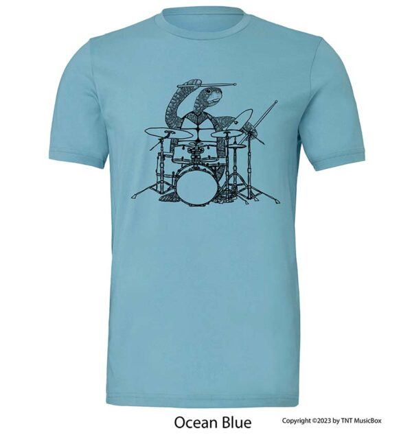 Turtle playing drums on an Ocean Blue shirt.
