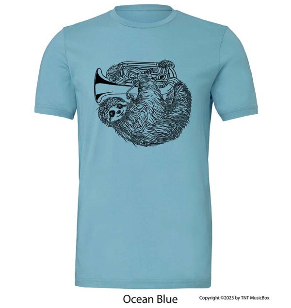 Sloth playing tuba on an Ocean Blue T-Shirt.