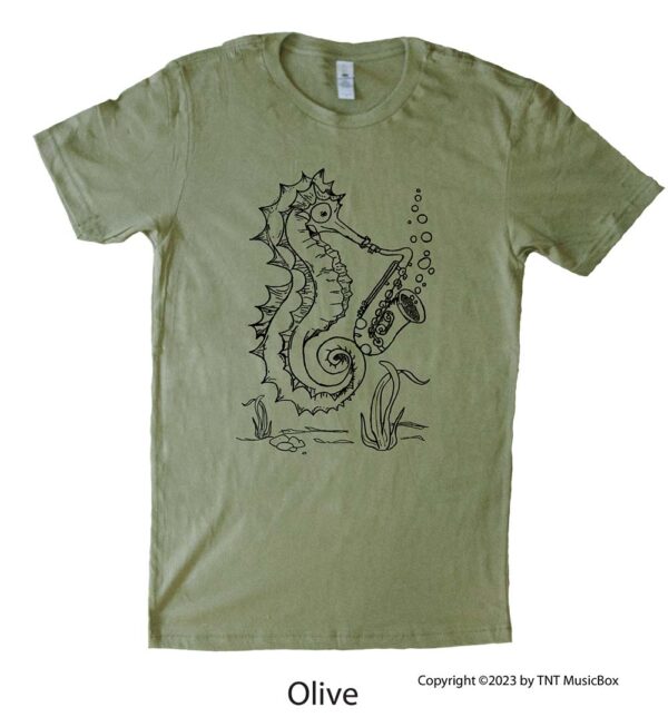 Seahorse playing saxophone on an Olive t-shirt