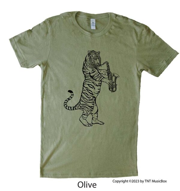 Tiger Playing a Saxophone on an Olive T-Shirt.