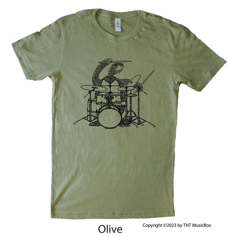 Turtle playing drums on an Olive shirt.
