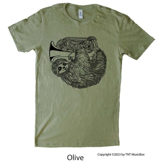 Sloth playing tuba on an olive T-Shirt.
