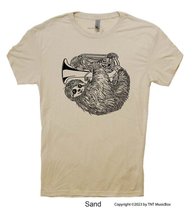 Sloth playing tuba on a Sand T-Shirt.