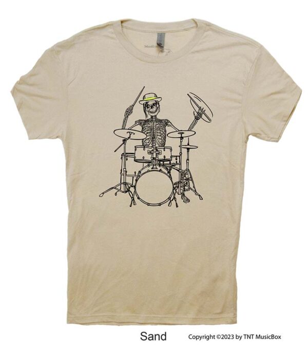 Skeleton playing drums on a Sand T-Shirt.