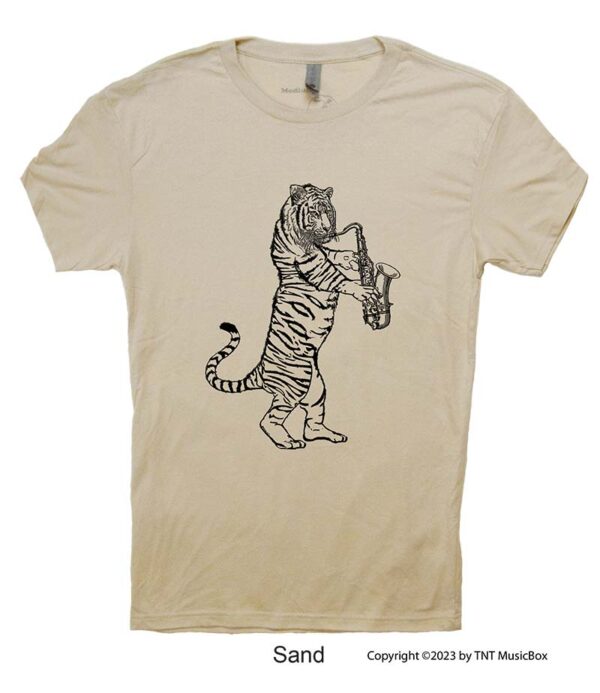 Tiger Playing a Saxophone on a Sand T-Shirt.