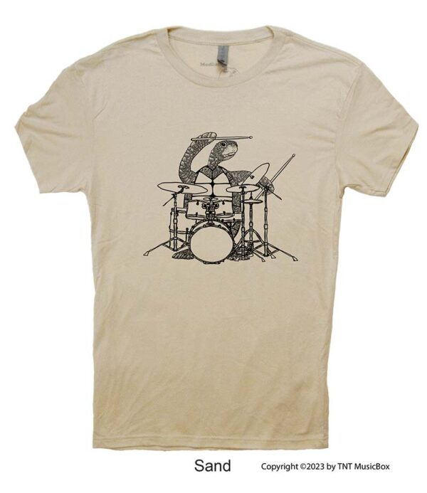 Turtle playing drums on a Sand T-shirt.