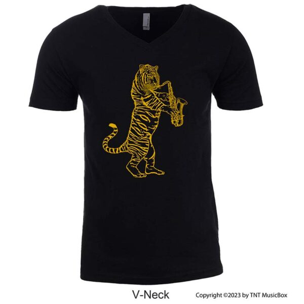 Tiger Playing a Saxophone on a V-Neck T-Shirt.