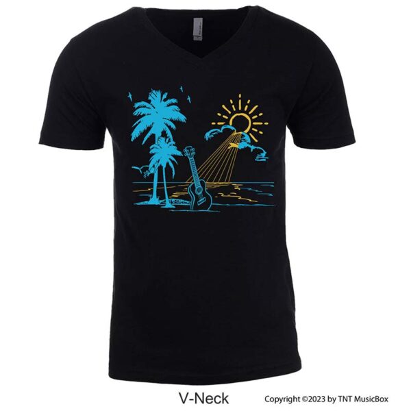 Ukulele on Beach graphic on a V-Neck T-Shirt.