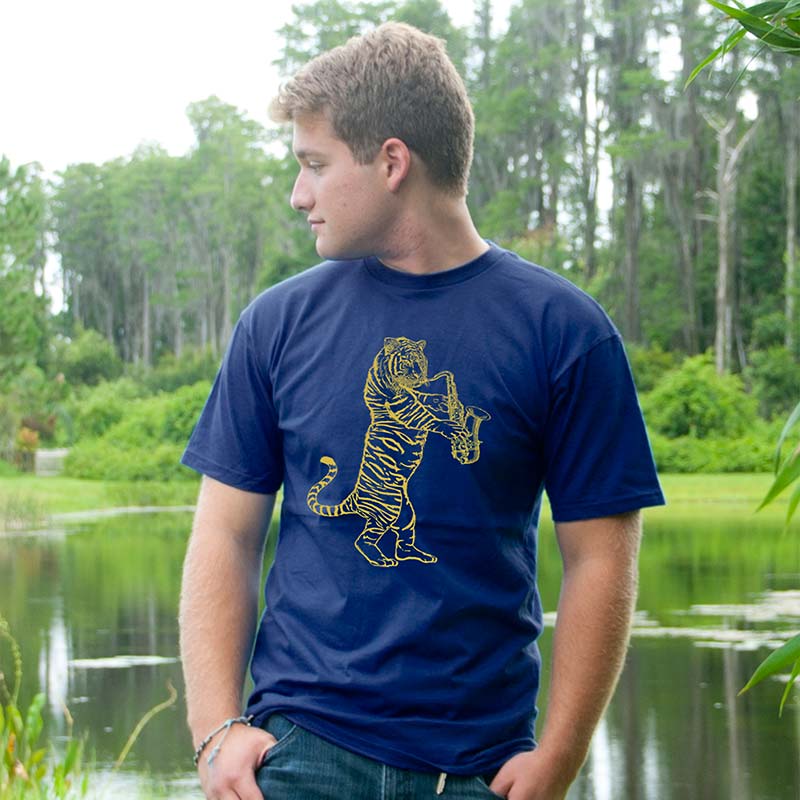 Tiger Playing a Saxophone on a Navy T-Shirt.