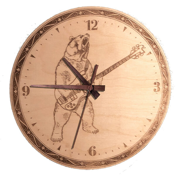 Bear Playing Bass Wall Clock. Laser engraved, 11.25" in diameter. 6mm Baltic Birch.