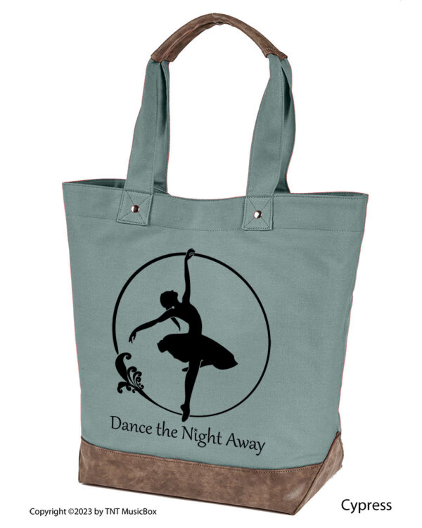 Dancer graphic with Dance the Night Away text on Cypress colored 14oz. canvas tote. Comes Cotton lined with zippered pocket and magnetic snap closure.