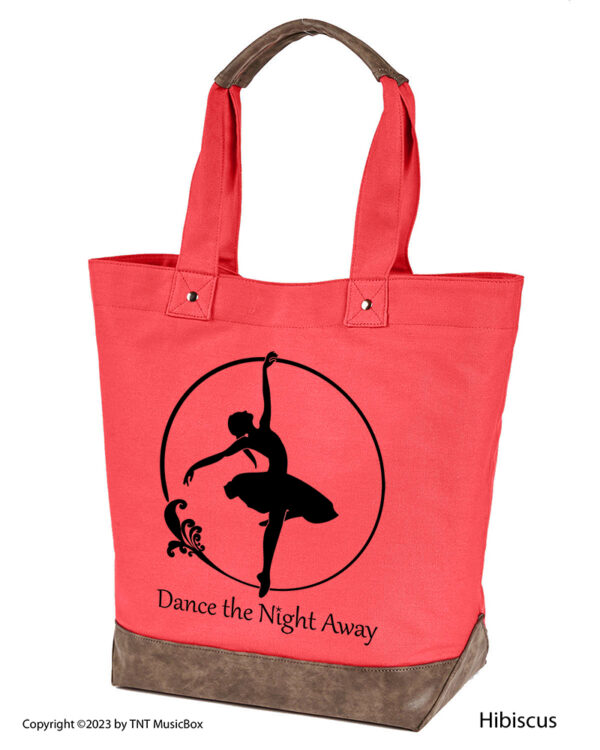 Dancer graphic with Dance the Night Away text on Hibiscus colored 14oz. canvas tote. Comes Cotton lined with zippered pocket and magnetic snap closure.