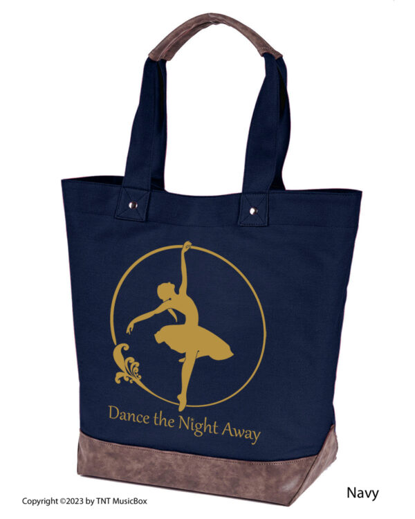 Dancer graphic with Dance the Night Away text on Navy colored 14oz. canvas tote. Comes Cotton lined with zippered pocket and magnetic snap closure.