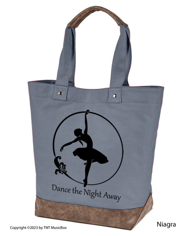 Dancer graphic with Dance the Night Away text on Niagra colored 14oz. canvas tote. Comes Cotton lined with zippered pocket and magnetic snap closure.