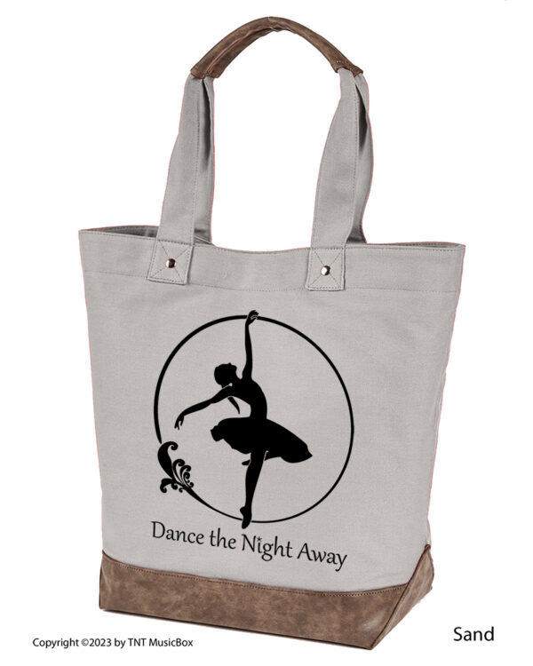 Dancer graphic with Dance the Night Away text on Sand colored 14oz. canvas tote. Comes Cotton lined with zippered pocket and magnetic snap closure.