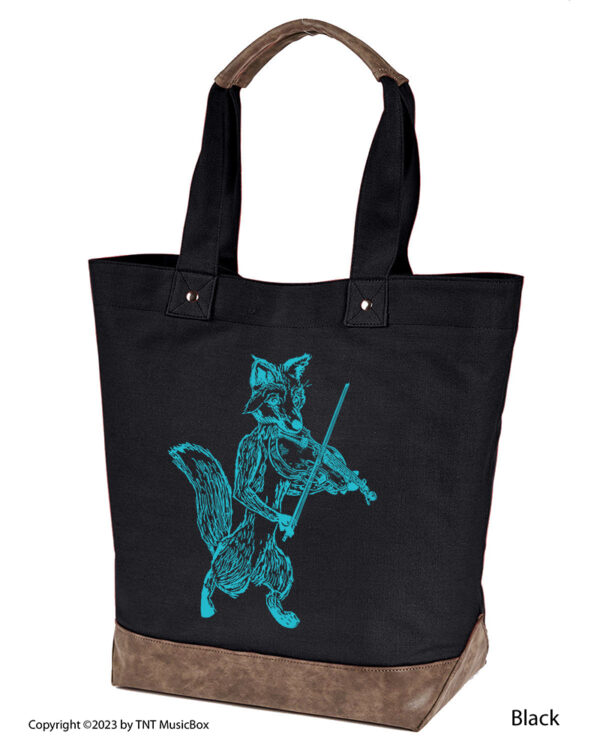 Fox Playing Violin graphic on Black colored 14oz. canvas tote. Comes Cotton lined with zippered pocket and magnetic snap closure.