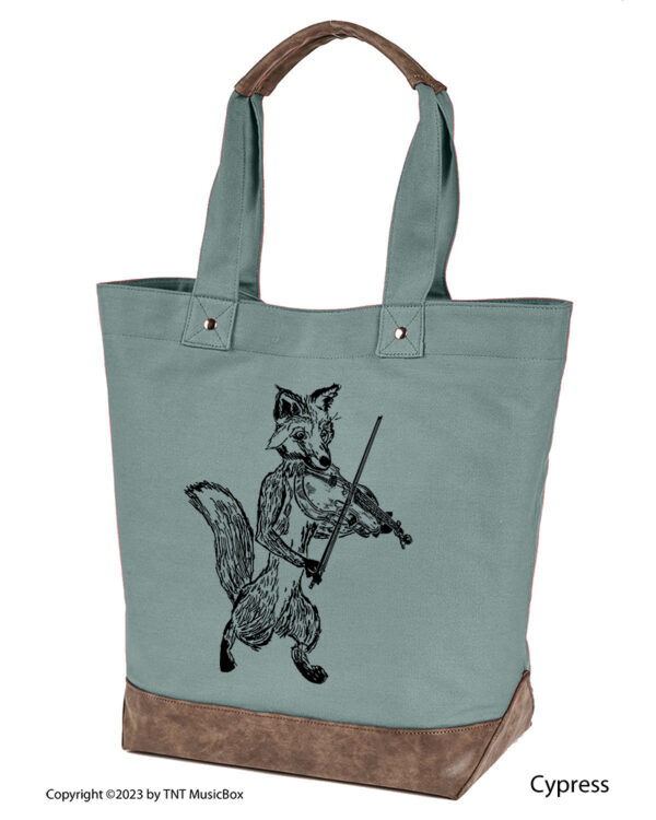Fox Playing Violin graphic on Cypress colored 14oz. canvas tote. Comes Cotton lined with zippered pocket and magnetic snap closure.
