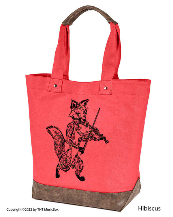 Fox Playing Violin graphic on Hibiscus colored 14oz. canvas tote. Comes Cotton lined with zippered pocket and magnetic snap closure.