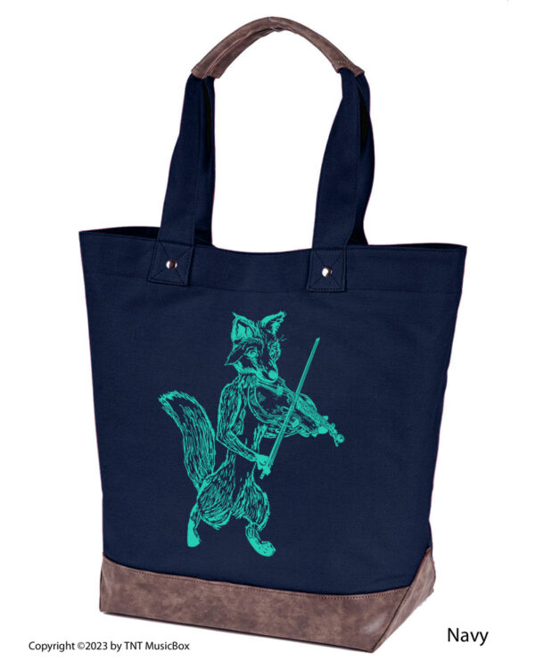 Fox Playing Violin graphic on Navy colored 14oz. canvas tote. Comes Cotton lined with zippered pocket and magnetic snap closure.