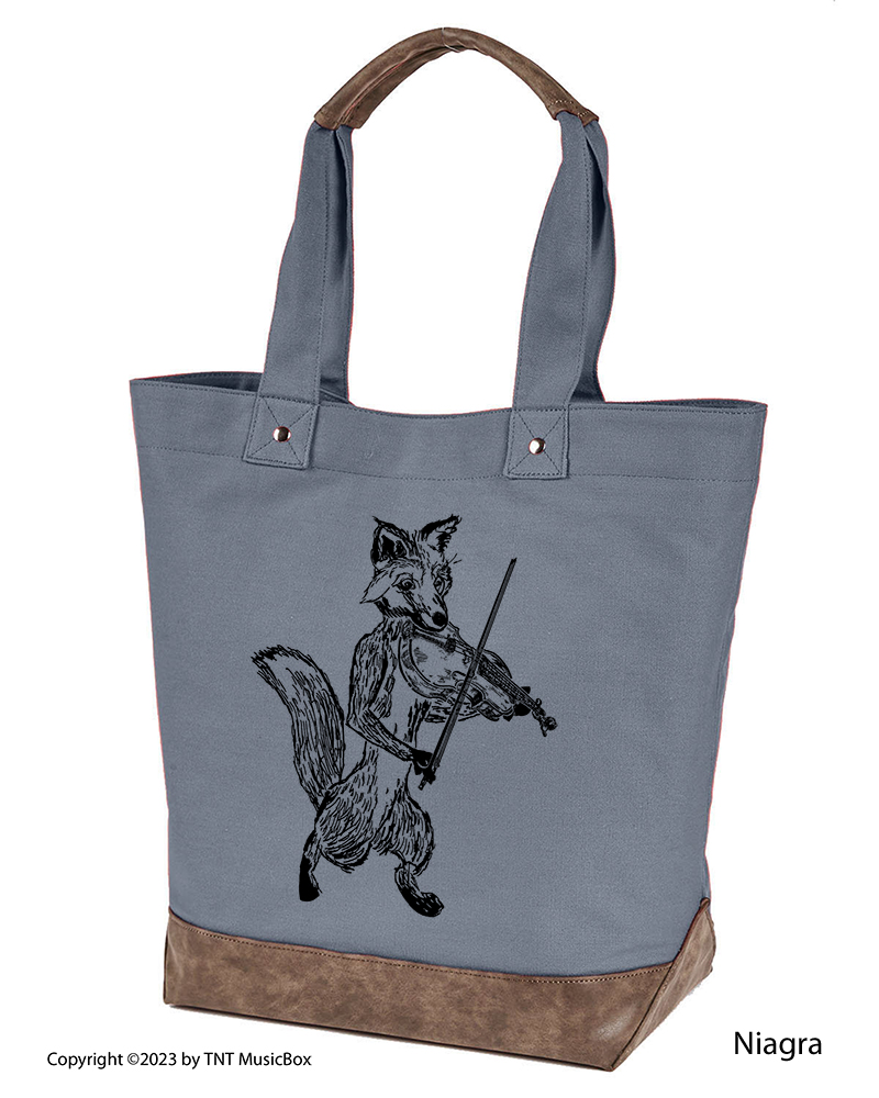 Fox Playing Violin graphic on Niagra colored 14oz. canvas tote. Comes Cotton lined with zippered pocket and magnetic snap closure.