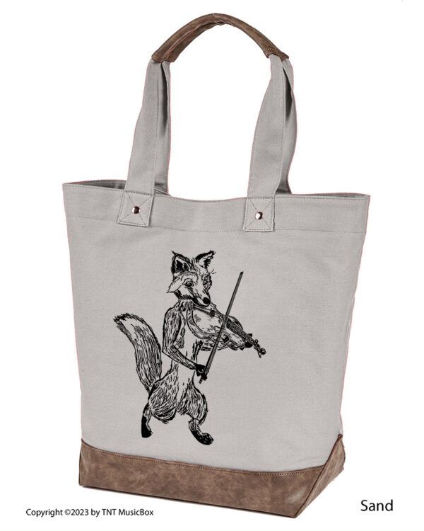 Fox Playing Violin graphic on Sand colored 14oz. canvas tote. Comes Cotton lined with zippered pocket and magnetic snap closure.