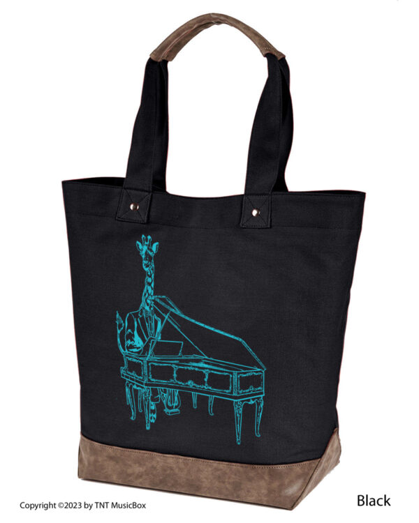 Giraffe Playing Piano graphic on Black colored 14oz. canvas tote. Comes Cotton lined with zippered pocket and magnetic snap closure.