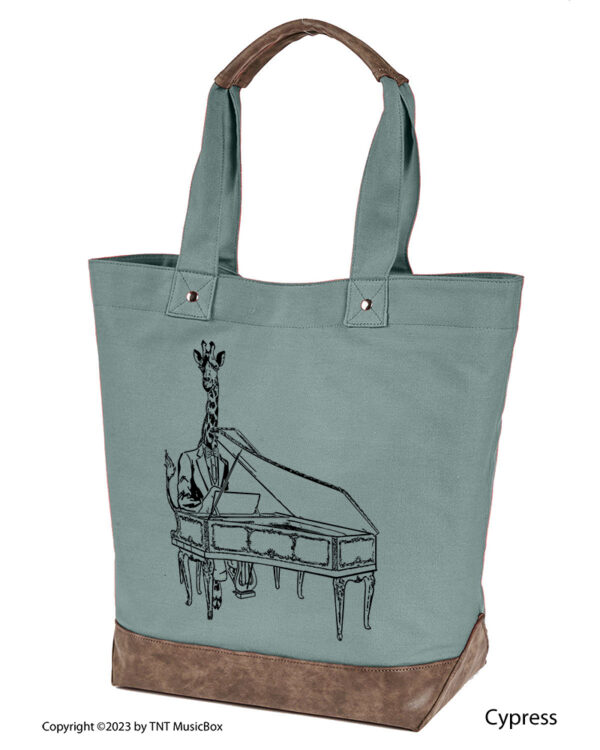 Giraffe Playing Piano graphic on Cypress colored 14oz. canvas tote. Comes Cotton lined with zippered pocket and magnetic snap closure.