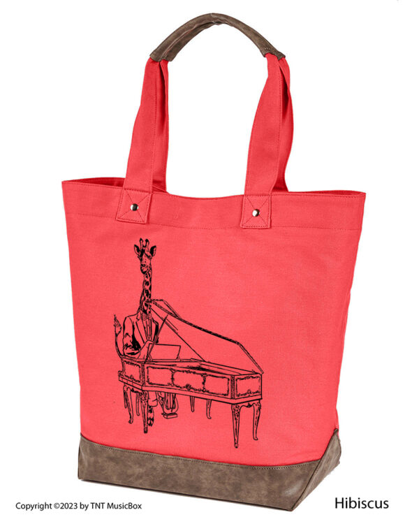 Giraffe Playing Piano graphic on Hibiscus colored 14oz. canvas tote. Comes Cotton lined with zippered pocket and magnetic snap closure.