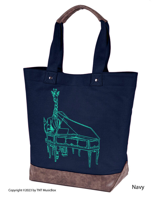 Giraffe Playing Piano graphic on Navy colored 14oz. canvas tote. Comes Cotton lined with zippered pocket and magnetic snap closure.