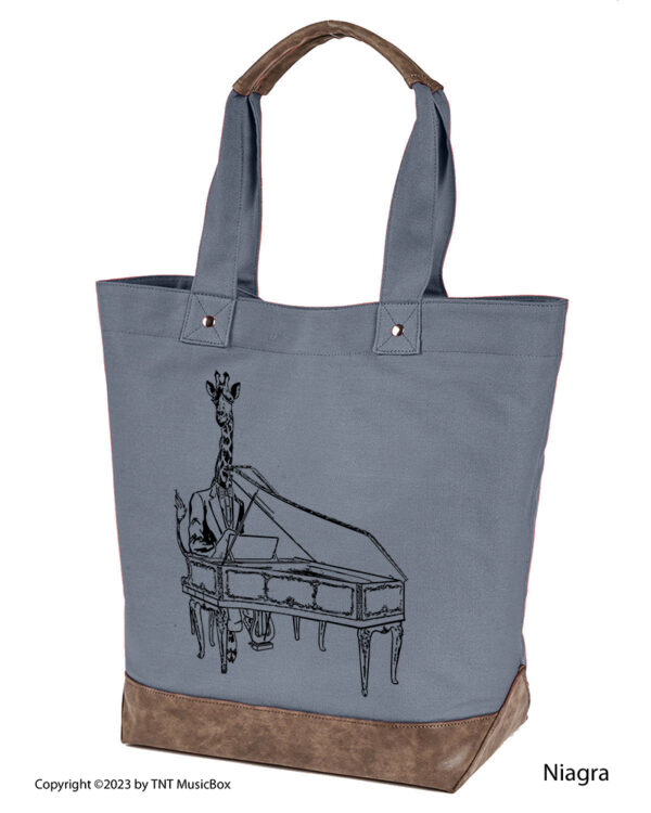 Giraffe Playing Piano graphic on Niagra colored 14oz. canvas tote. Comes Cotton lined with zippered pocket and magnetic snap closure.