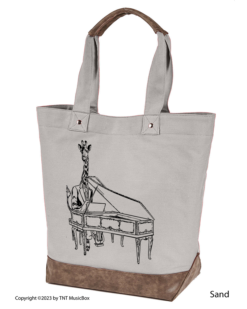 Giraffe Playing Piano graphic on Sand colored 14oz. canvas tote. Comes Cotton lined with zippered pocket and magnetic snap closure.