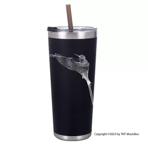 Hummingbird playing Flute on a black 20 0z. double wall stainless steel Tumbler.