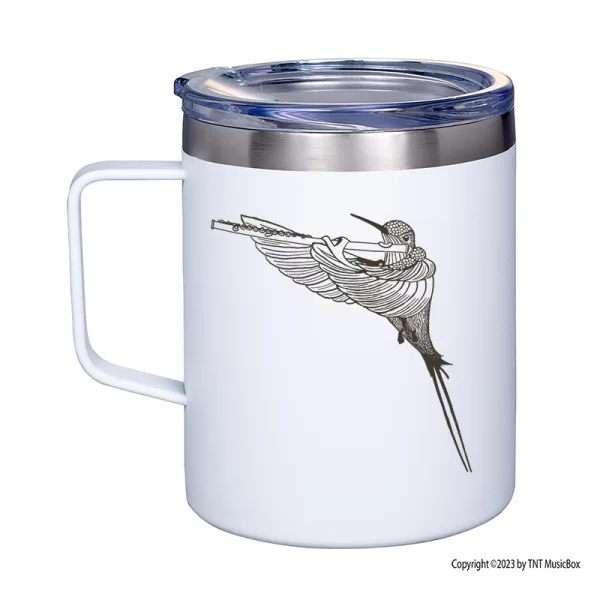 Hummingbird playing Flute on a white 12 0z. double wall stainless steel mug.