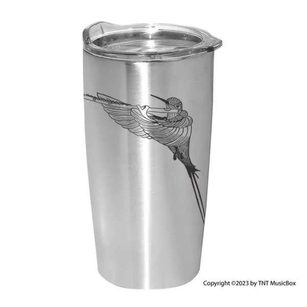 Hummingbird playing Flute on a silver 20 0z. double wall stainless steel Tumbler.