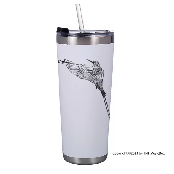 Hummingbird playing Flute on a white 20 0z. double wall stainless steel Tumbler.