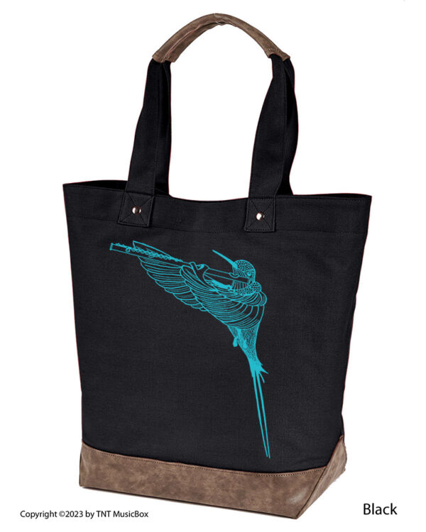 Hummingbird Playing Flute graphic on Black colored 14oz. canvas tote. Comes Cotton lined with zippered pocket and magnetic snap closure.