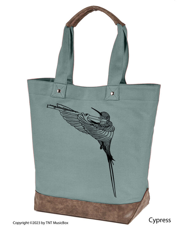 Hummingbird Playing Flute graphic on Cypress colored 14oz. canvas tote. Comes Cotton lined with zippered pocket and magnetic snap closure.