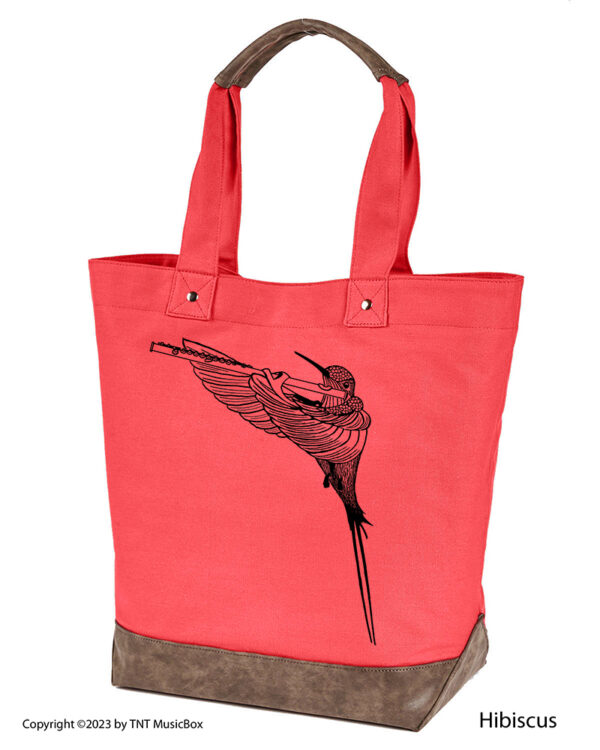 Hummingbird Playing Flute graphic on Hibiscus colored 14oz. canvas tote. Comes Cotton lined with zippered pocket and magnetic snap closure.