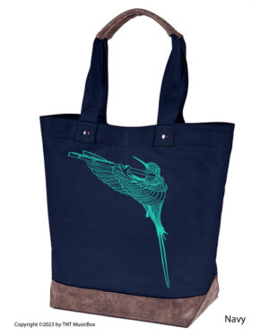 Hummingbird Playing Flute graphic on Navy colored 14oz. canvas tote. Comes Cotton lined with zippered pocket and magnetic snap closure.