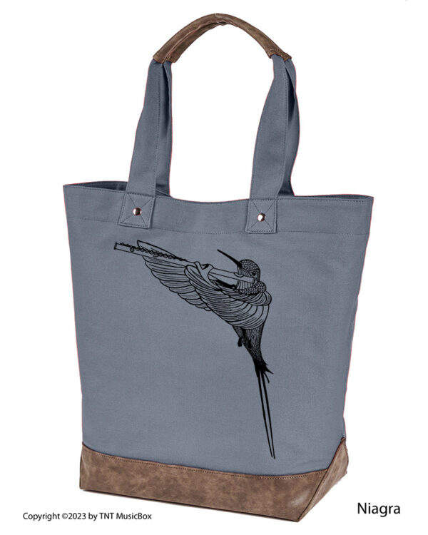 Hummingbird Playing Flute graphic on Niagra colored 14oz. canvas tote. Comes Cotton lined with zippered pocket and magnetic snap closure.
