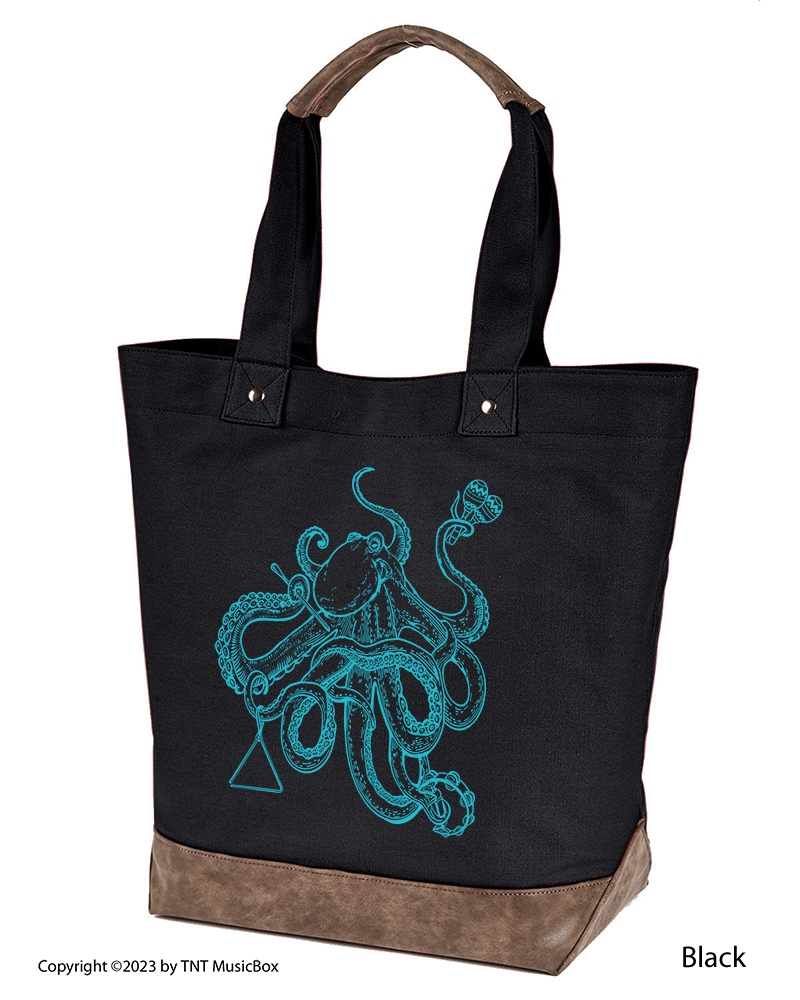 Octopus Playing Percussion graphic on Black colored 14oz. canvas tote. Comes Cotton lined with zippered pocket and magnetic snap closure.