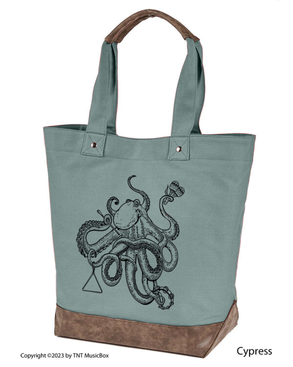 Octopus Playing Percussion graphic on Cypress colored 14oz. canvas tote. Comes Cotton lined with zippered pocket and magnetic snap closure.